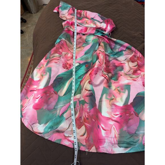 Elegant pink & green one shoulder plus size cocktail dress  by X Plus size XL - Picture 10 of 12